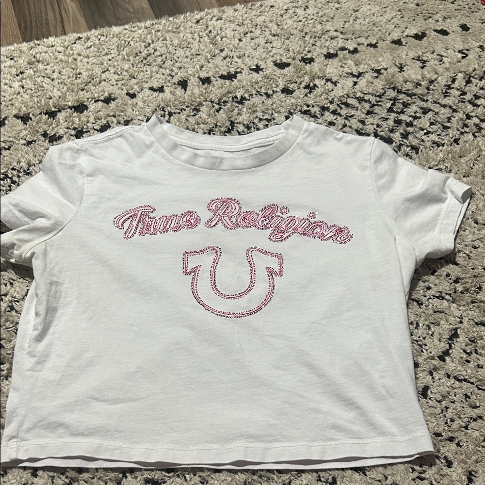 True Religion White Tee with Pink Logo